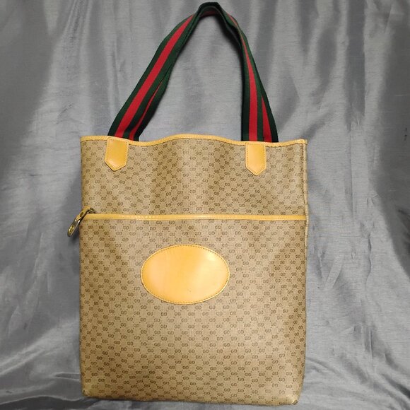 ❤️Vintage GUCCI SHOPPER TOTE PURSE Micro G w/Red Green Stripe Straps - Picture 1 of 14
